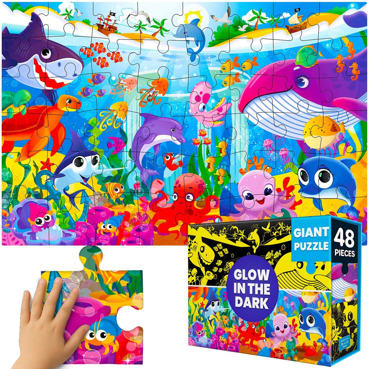 QUOKKA Floor Puzzles for Kids Ages 4–8 – 2x3 FT Giant Glow in The Dark Jigsaw – 48 Large Pieces – Deep Sea Adventure Scene